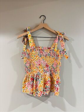 J. Crew Yellow Floral Tie-Shoulder Smocked Camisole size medium 100% cotton